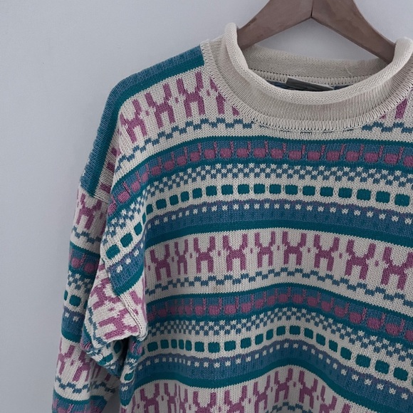 Vintage le cotonnier Patterned Teal and Pink 100% cotton crew neck Sweater - Picture 2 of 7